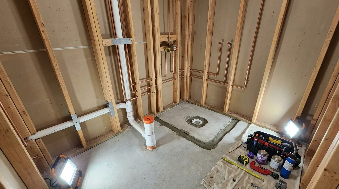 Bathroom rough-in plumbing during remodel by Johns Plumbing LLC in Hiawatha