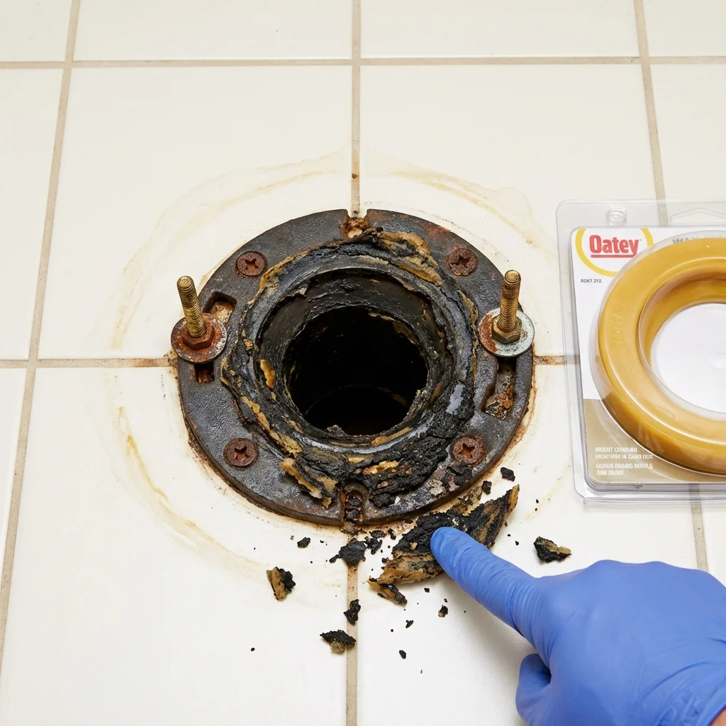 Failed wax ring showing water seepage at the base of a toilet in a Hiawatha, IA home