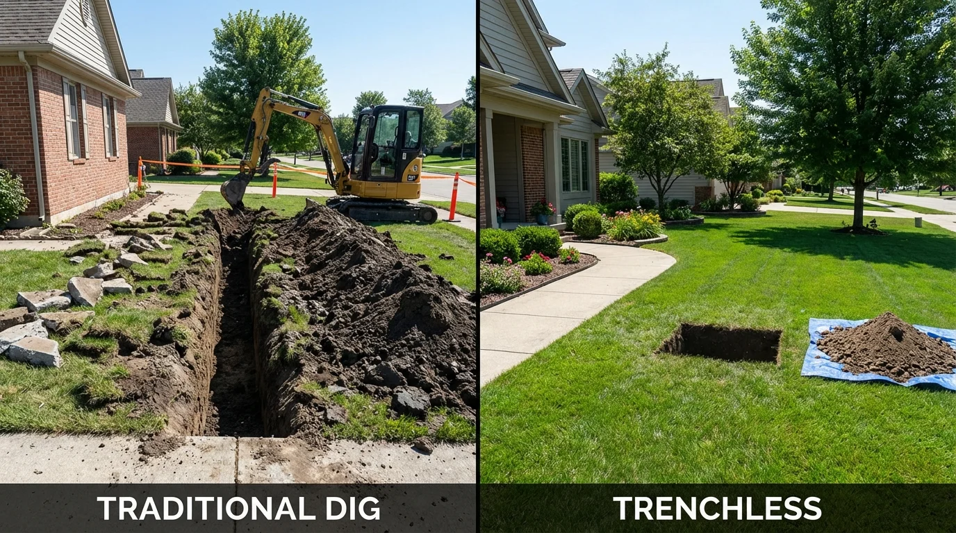 Trenchless sewer repair with minimal yard damage versus traditional excavation in Hiawatha, IA
