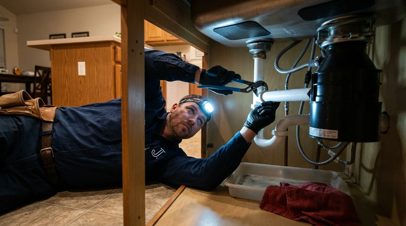 P-trap and supply line connections under a kitchen sink showing a common leak point in Hiawatha, IA